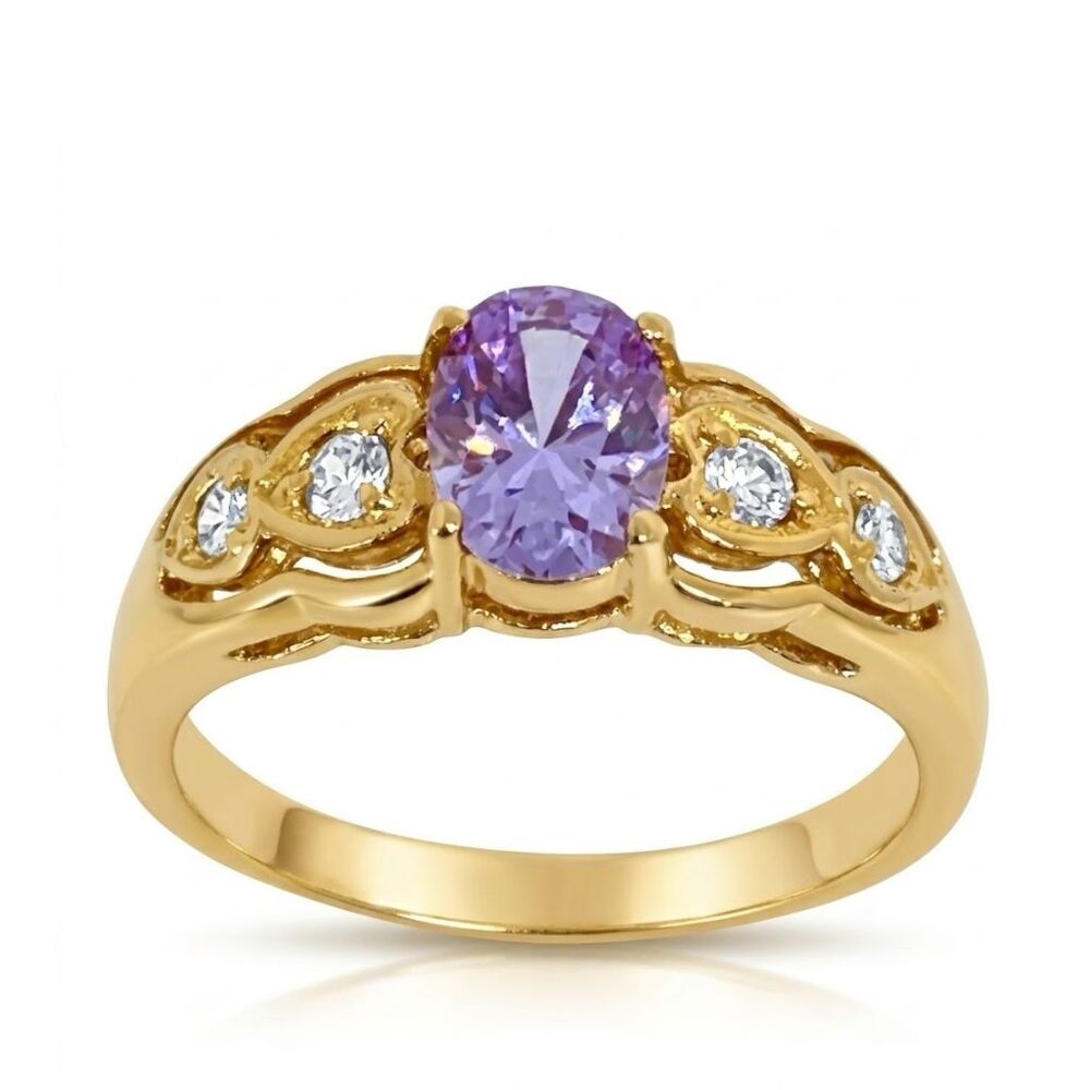 Vintage 1980s Ring Size 6 Lavender CZ Prong Set Gold Plated Band - 14J